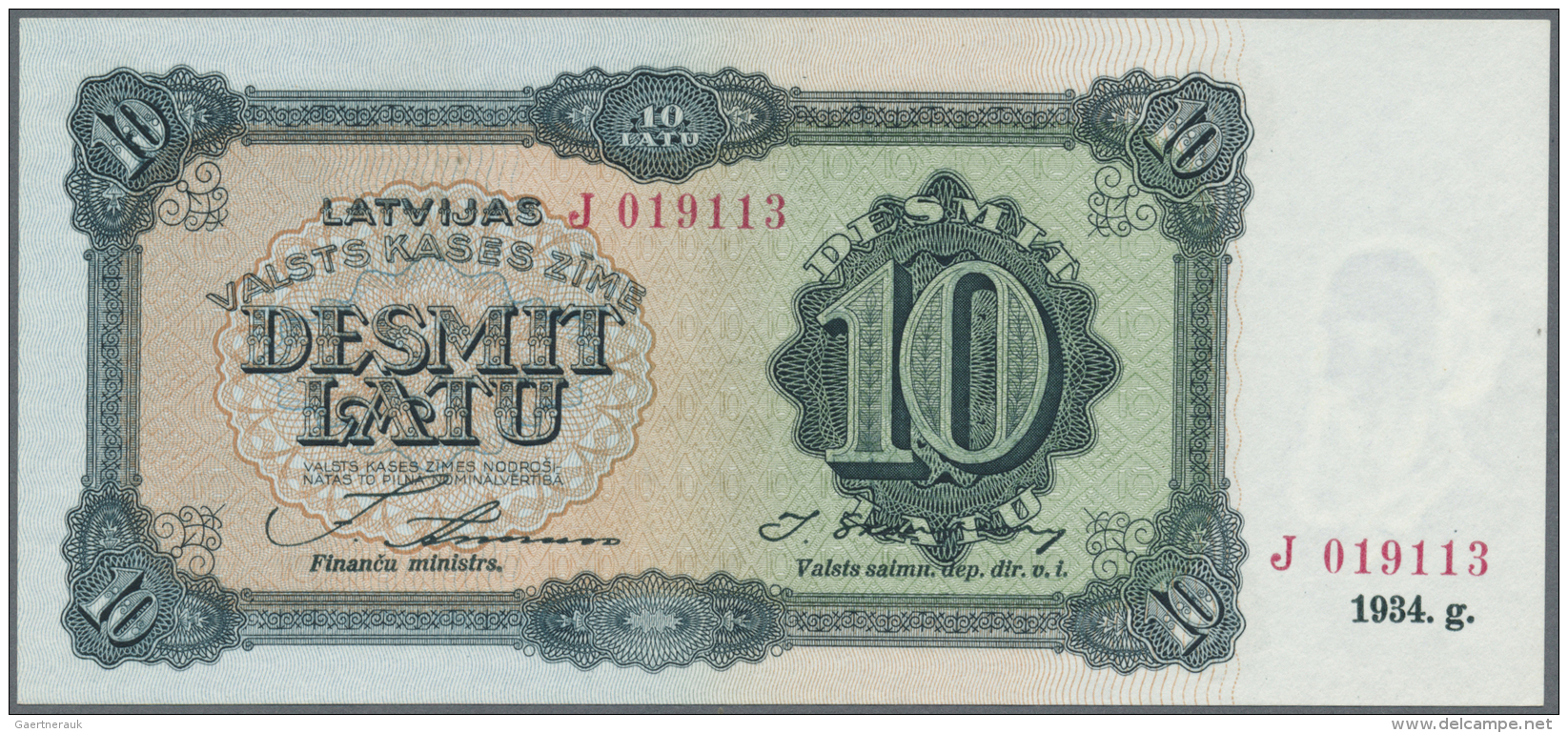 Latvia /Lettland: 10 Latu 1934 P. 25c, Issued Note, Series J, Sign. Annuss, In Crisp Original Condition: UNC. - Lettonia