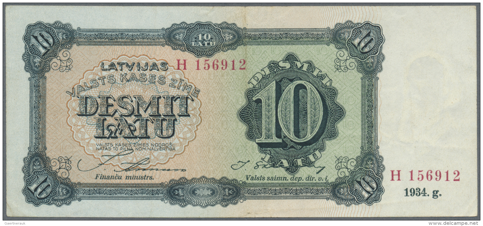 Latvia /Lettland: 10 Latu 1934 P. 25c, Issued Note, Series H, Sign. Annuss, Light Vertical Folds In Paper, Still Strong - Lettonie