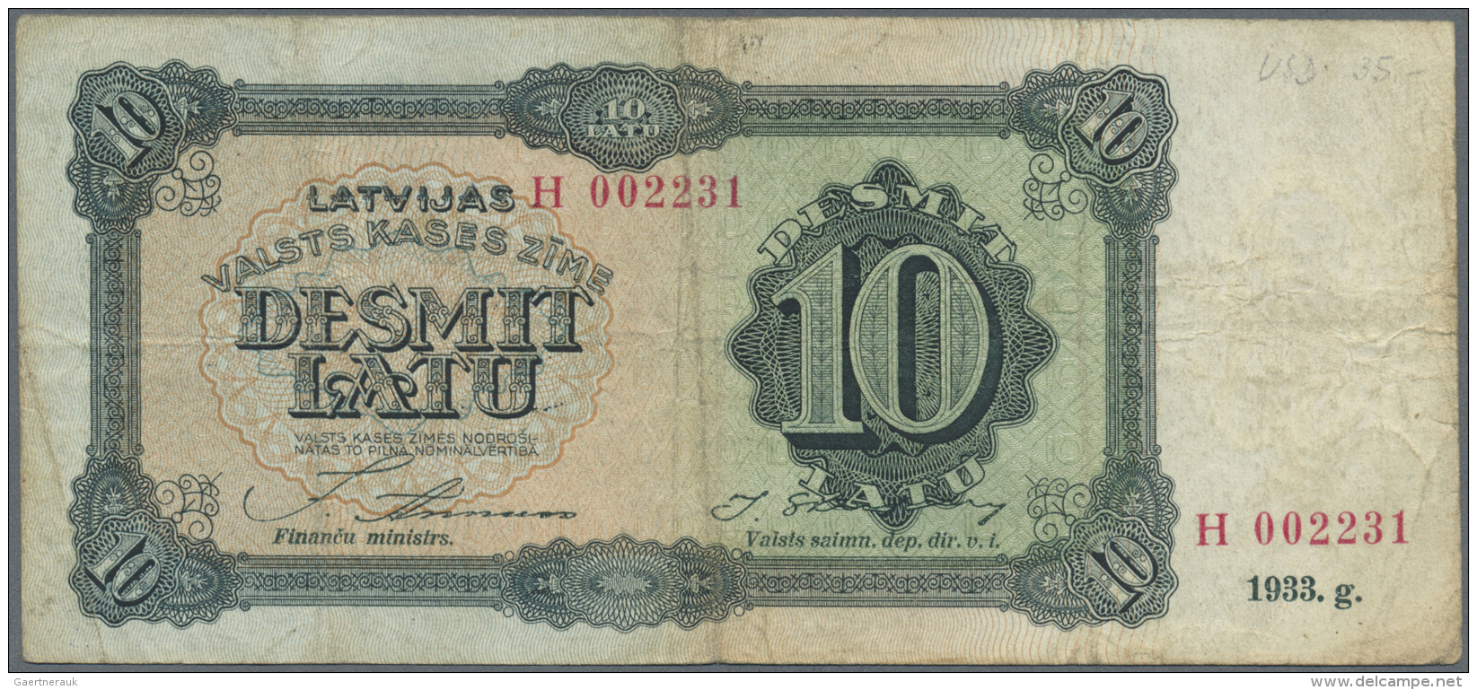 Latvia /Lettland: 10 Latu 1933 P. 25b, Issued Note, Series H, Sign. Annuss, Used With Several Folds And Creases, Stained - Latvia