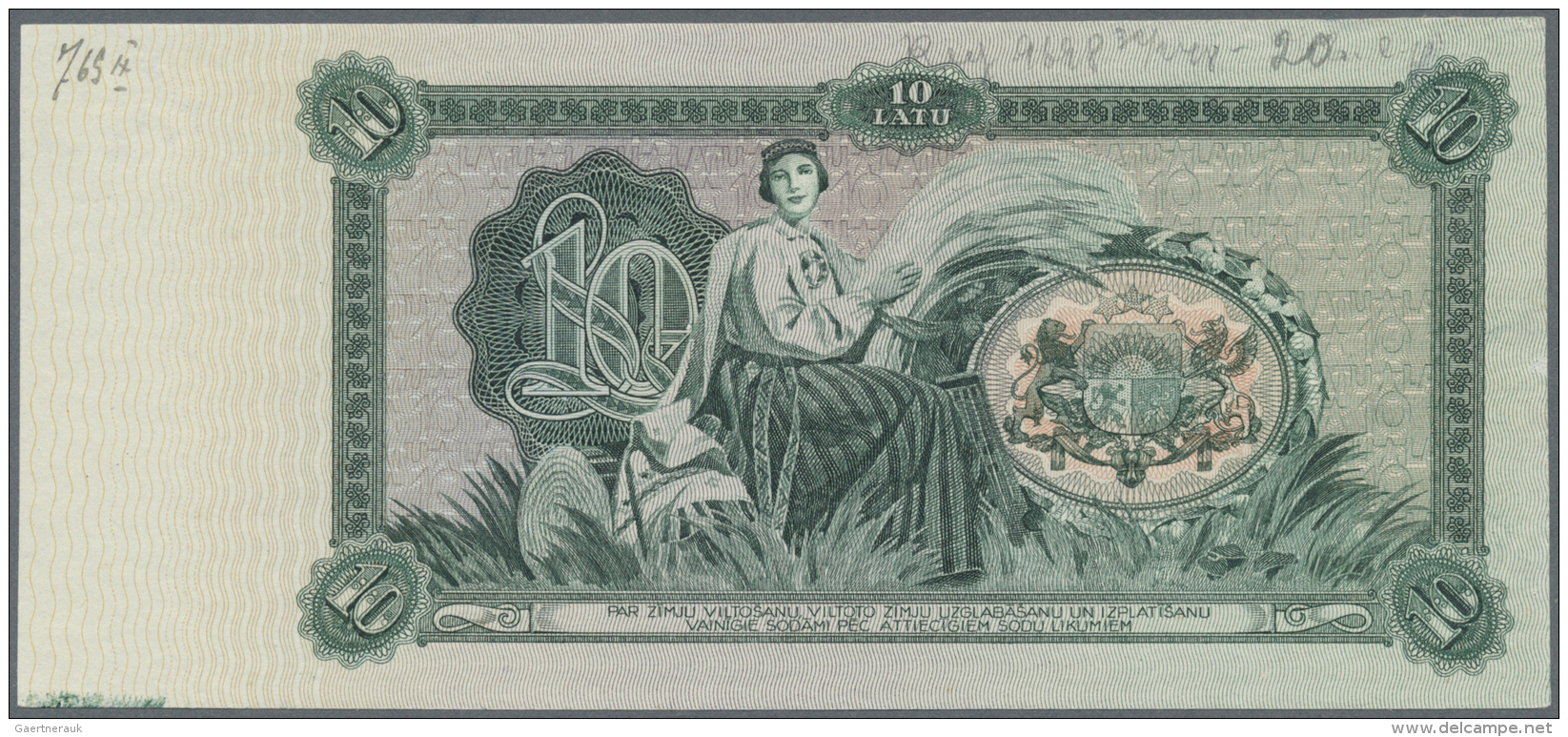 Latvia /Lettland: 10 Latu 1933-34 P. 25p, Uniface Back Side PROOF Print On Unwatermarked Paper In Green Color, Printers - Lettonie