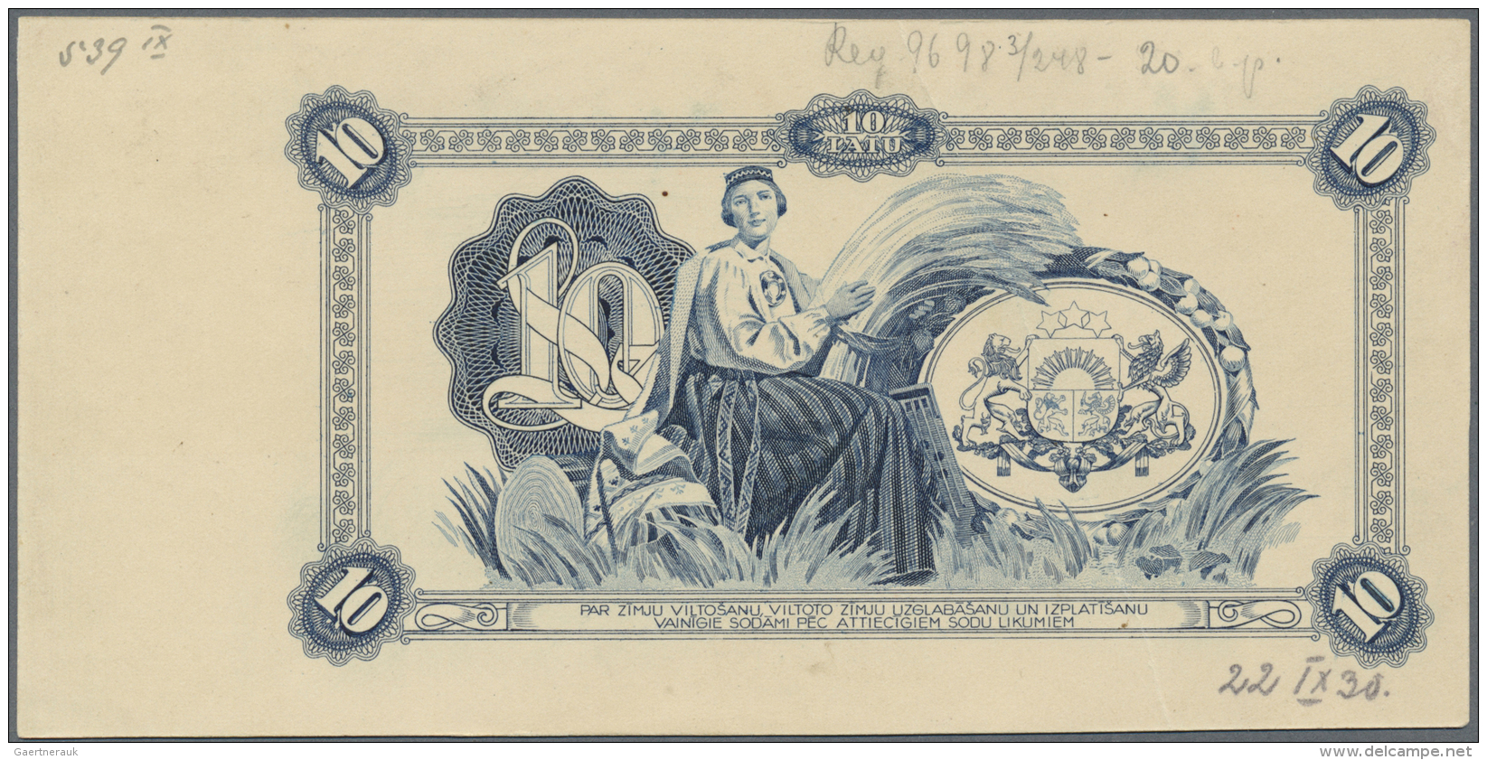 Latvia /Lettland: 10 Latu 1933-34 P. 25p, Uniface Back Side PROOF Print On Cardboard In Blue Intaglio, Printers Annotati - Lettonie