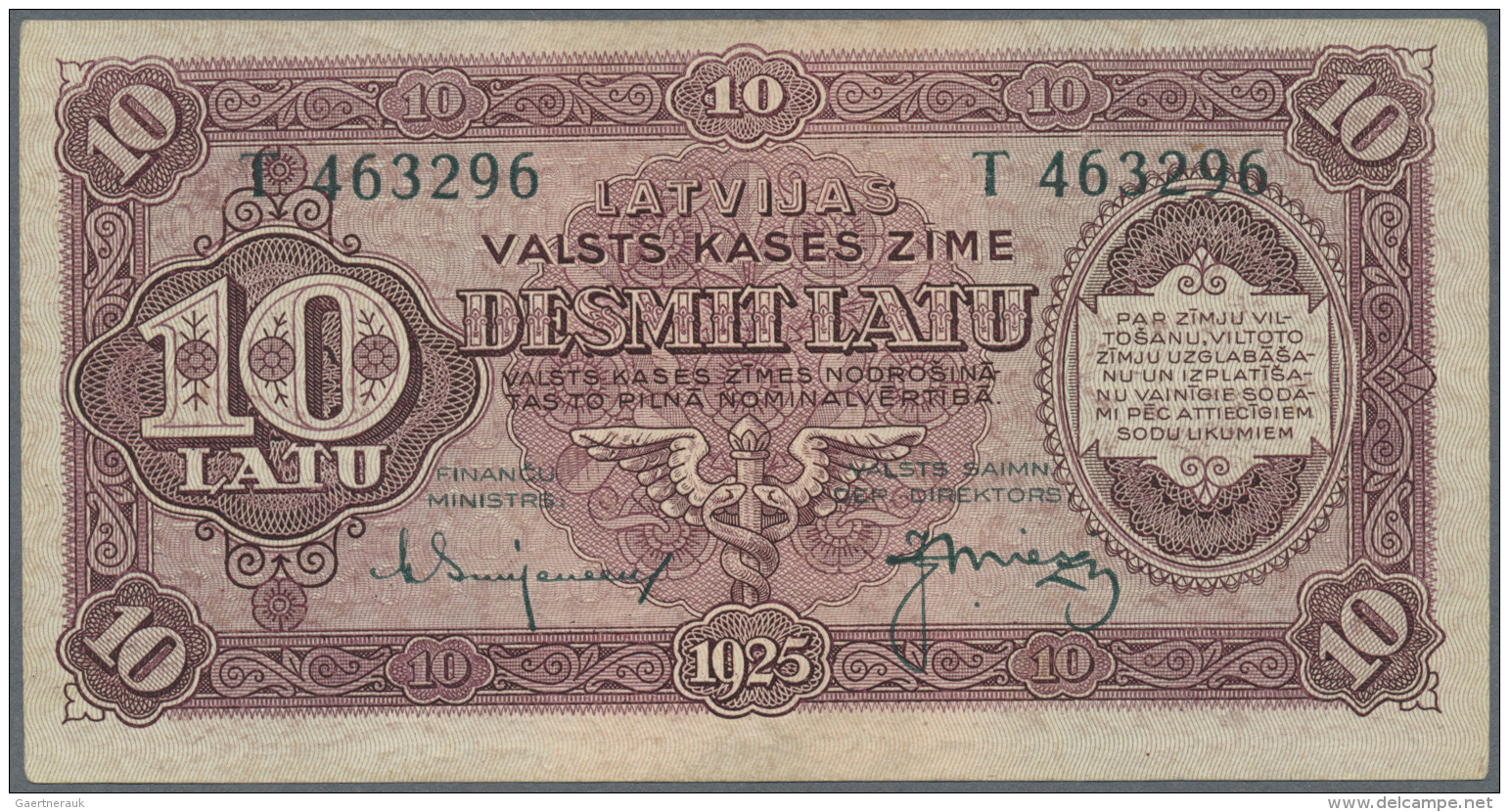 Latvia /Lettland: 10 Latu 1925 P. 24e, Issued Note, Series T, Sign. Skujenieks, Lightly Rounded Corner At Upper Right Co - Lettonie