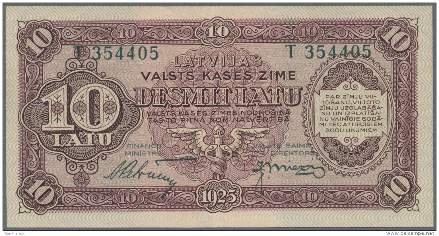 Latvia /Lettland: 10 Latu 1925 P. 24d, Issued Note, Series T, Sign. Petrevics, Light Center Fold,  Otherwise Crisp Condi - Lettonia