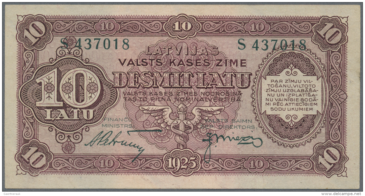 Latvia /Lettland: 10 Latu 1925 P. 24d, Issued Note, Series S, Sign. Petrevics, Crisp Orignal Condition: UNC. - Lettonie