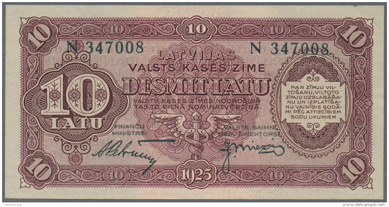 Latvia /Lettland: 10 Latu 1925 P. 24d, Issued Note, Series N, Sign. Petrevics, 2 Light Vertical Bendas, Crisp Condition: - Lettonie
