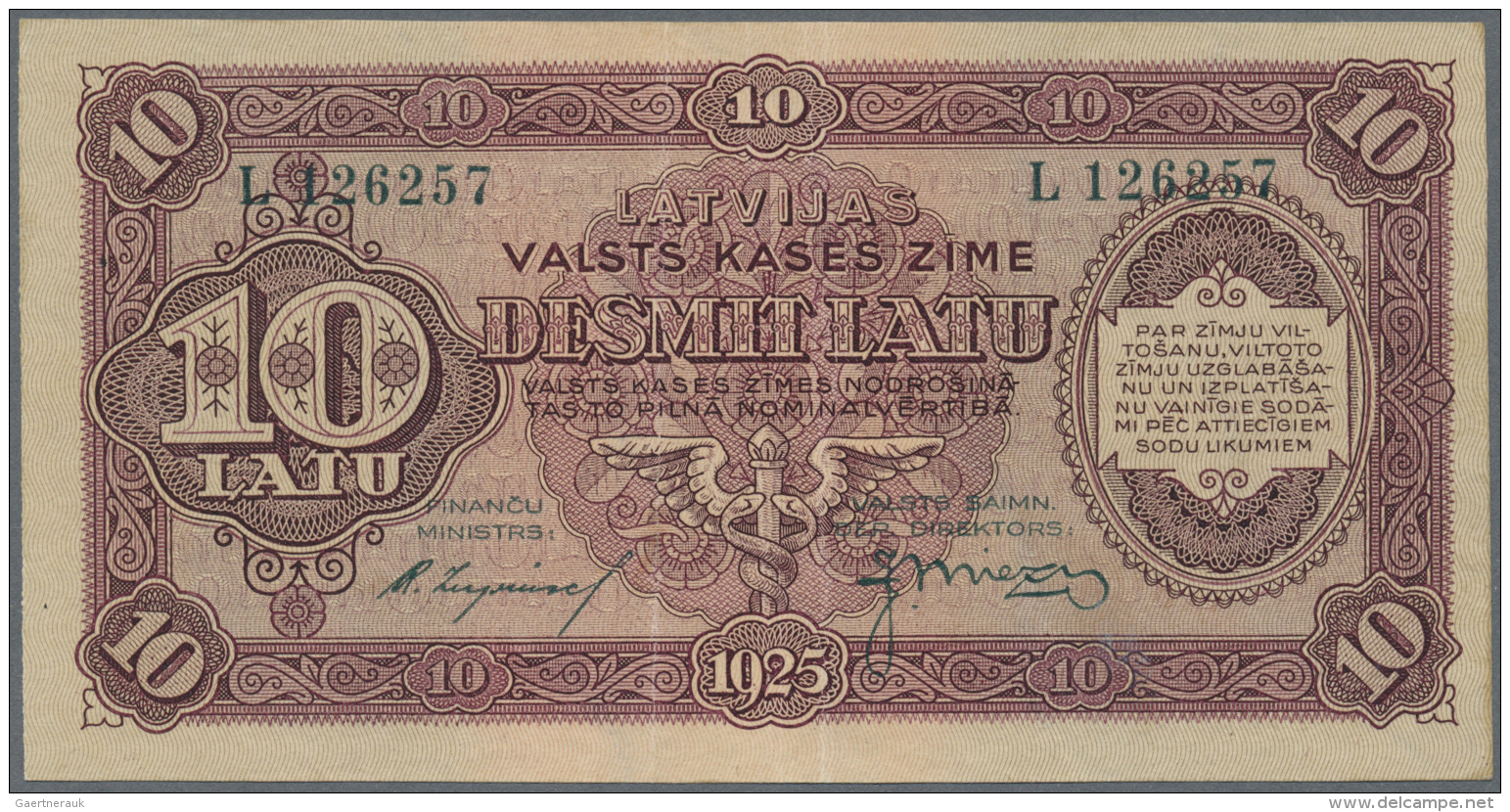 Latvia /Lettland: 10 Latu 1925 P. 24c, Issued Note, Series L, Sign. Liepins, A Few Center Folds, Still Crisp Paper: XF. - Lettonie