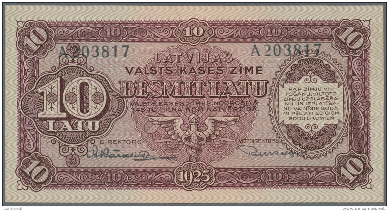 Latvia /Lettland: 10 Latu 1925 P. 24a, Issued Note, Series A, Sign. Karklins, Crisp Orignal Condition: UNC. - Lettonie