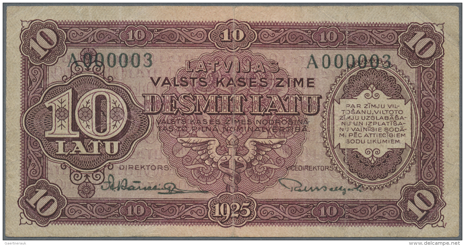 Latvia /Lettland: 10 Latu 1925 P. 24a, Series "A", Sign. Karklins, Highly Rare Item With Low Serial Number #A000003, So - Lettonia