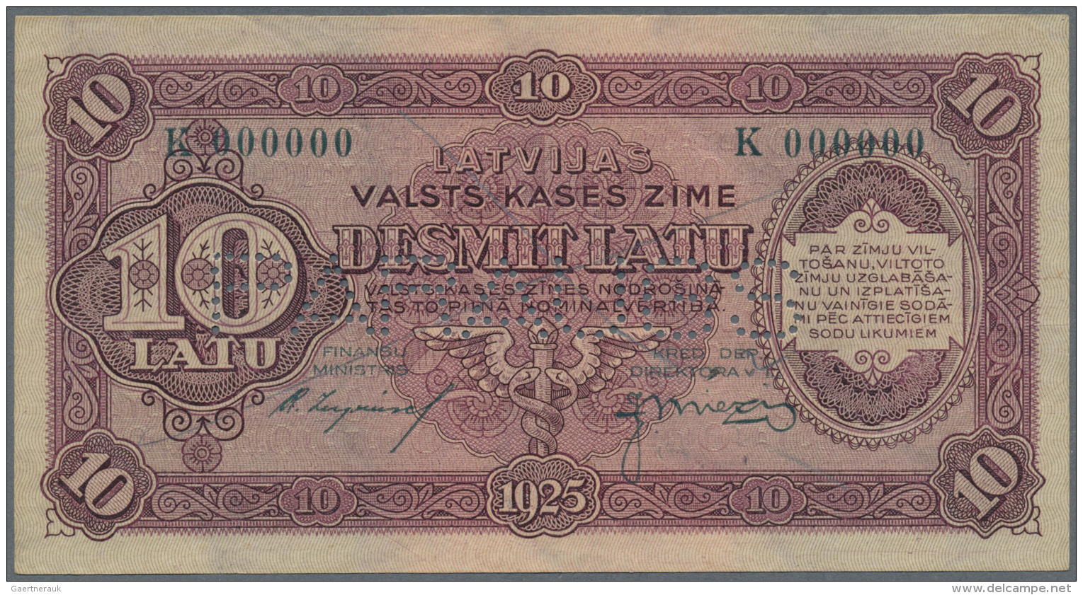 Latvia /Lettland: 10 Latu 1925 SPECIMEN P. 24cs, Series K, Zero Serial Numbers, Sign. Liepins, Perforation PARAUGS, Ligh - Lettonie