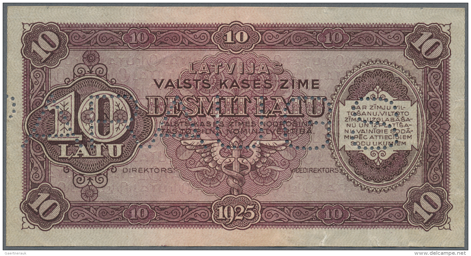 Latvia /Lettland: 10 Latu 1925 SPECIMEN P. 24s, With PARAUGS Perforation, W/o Serial Or Sign., Several Folds And Creases - Lettonie