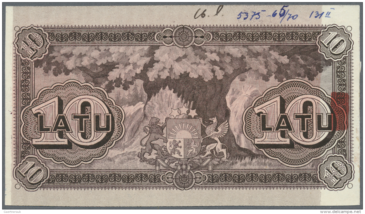 Latvia /Lettland: Rare Uniface Back Side PROOF Print Of 10 Latu 1925 P. 24p In Dark Brown Color On Unwatermarked Paper W - Lettonie