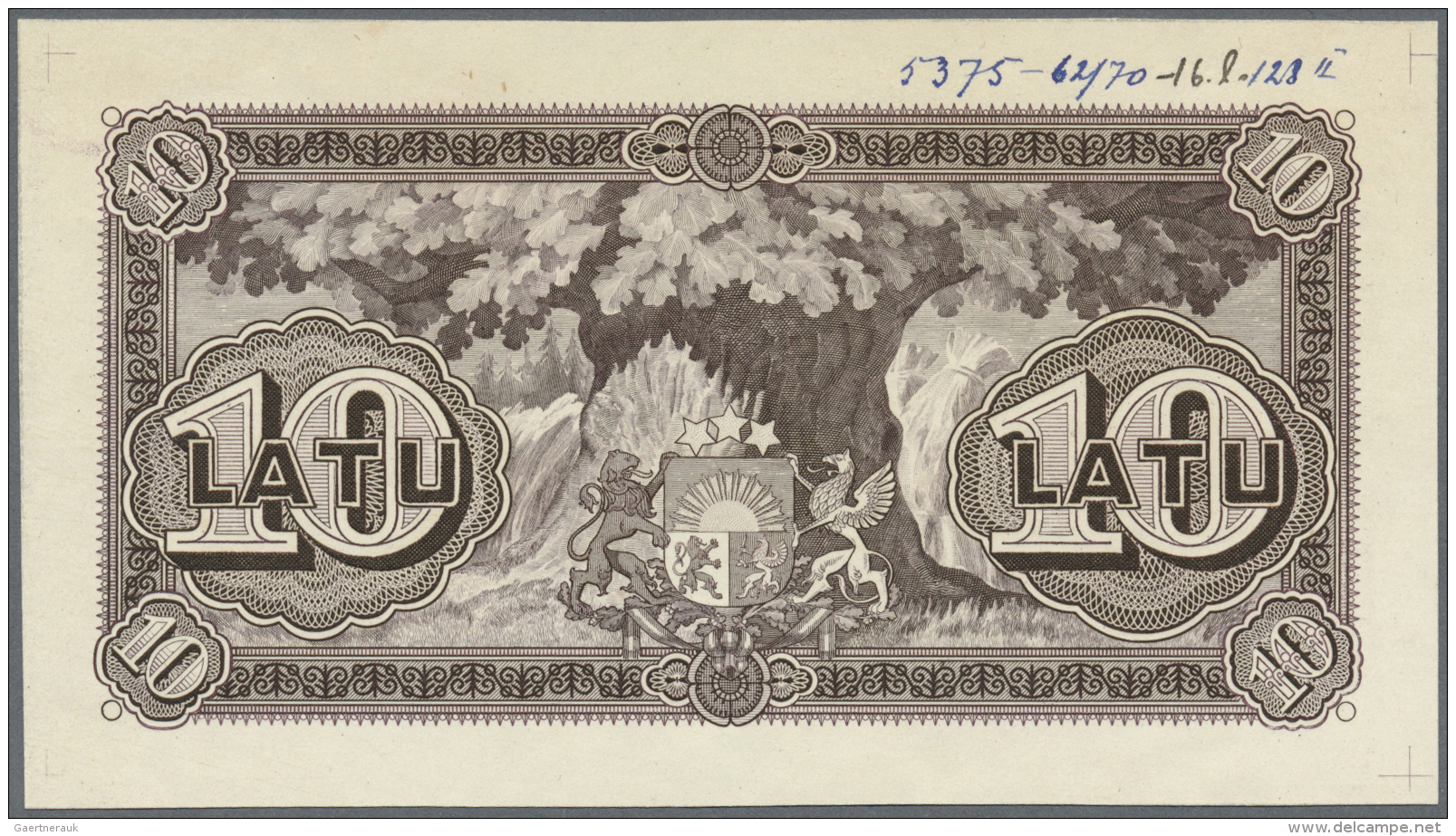 Latvia /Lettland: Rare Uniface Back Side PROOF Print Of 10 Latu 1925 P. 24p In Brown Color On Unwatermarked Paper With M - Lettonia
