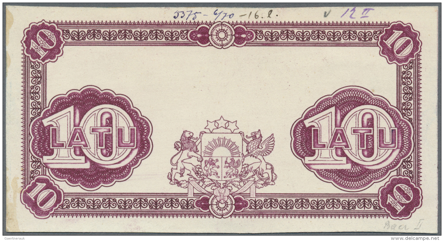 Latvia /Lettland: Rare Uniface Back Side PROOF Print Of 10 Latu 1925 P. 24p In Red Color On Cardboard With Mounting Trac - Lettonie