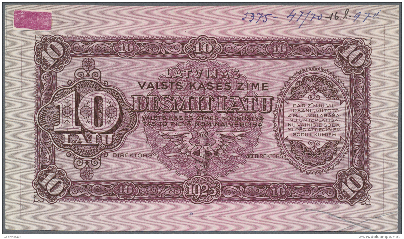 Latvia /Lettland: Rare Uniface Front PROOF Print Of 10 Latu 1925 P. 24p In Red/dark Brown Color On Unwatermarked Paper W - Lettonia