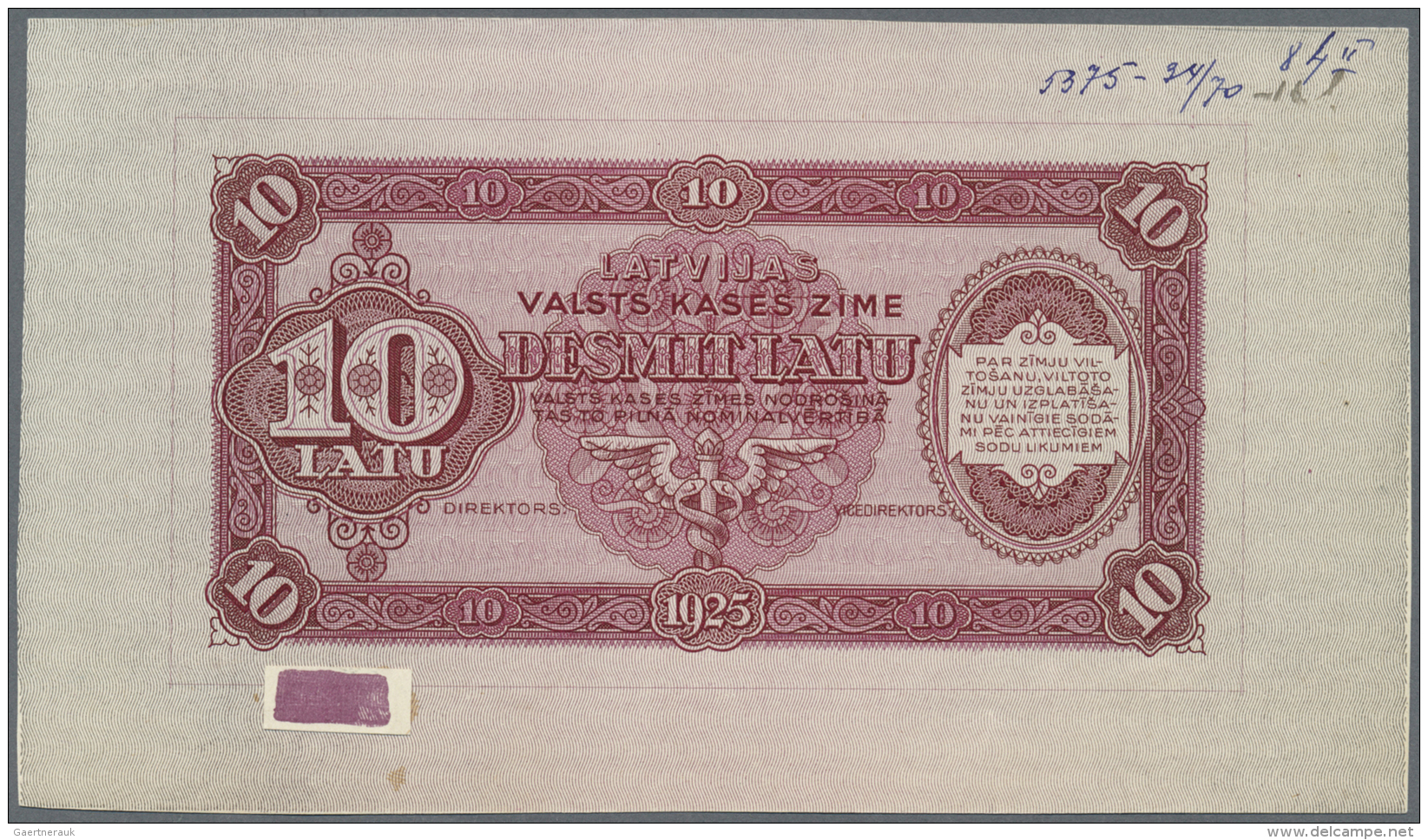 Latvia /Lettland: Rare Uniface Front PROOF Print Of 10 Latu 1925 P. 24p In Red Color On Unwatermarked Paper With Mountin - Lettonia