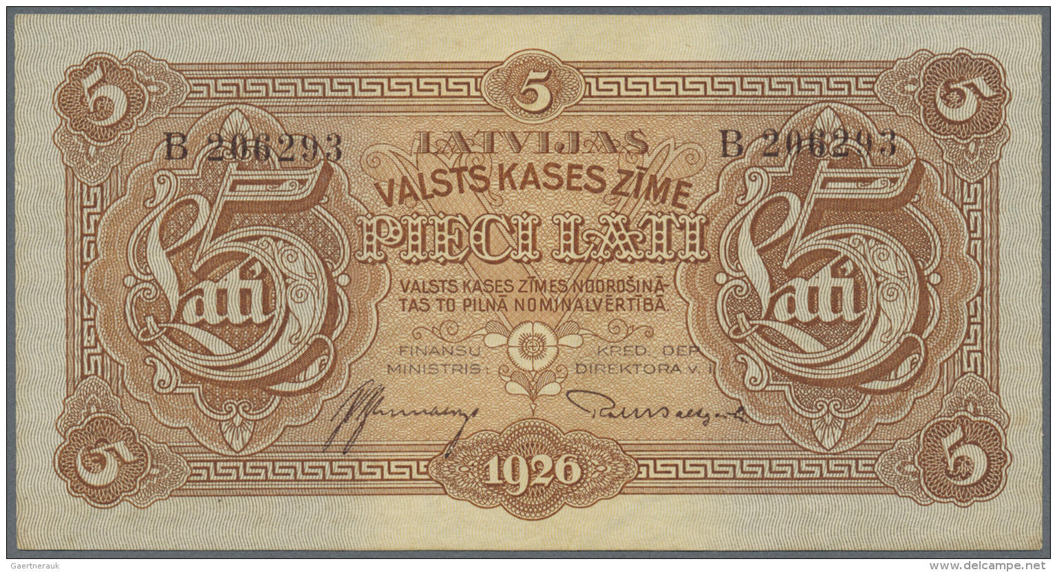 Latvia /Lettland: 5 Lati 1925 P. 23a, Issued Note, Series B, Sign. Blumbergs, Highly Rare Note, Light Bend At Left, No F - Lettonie