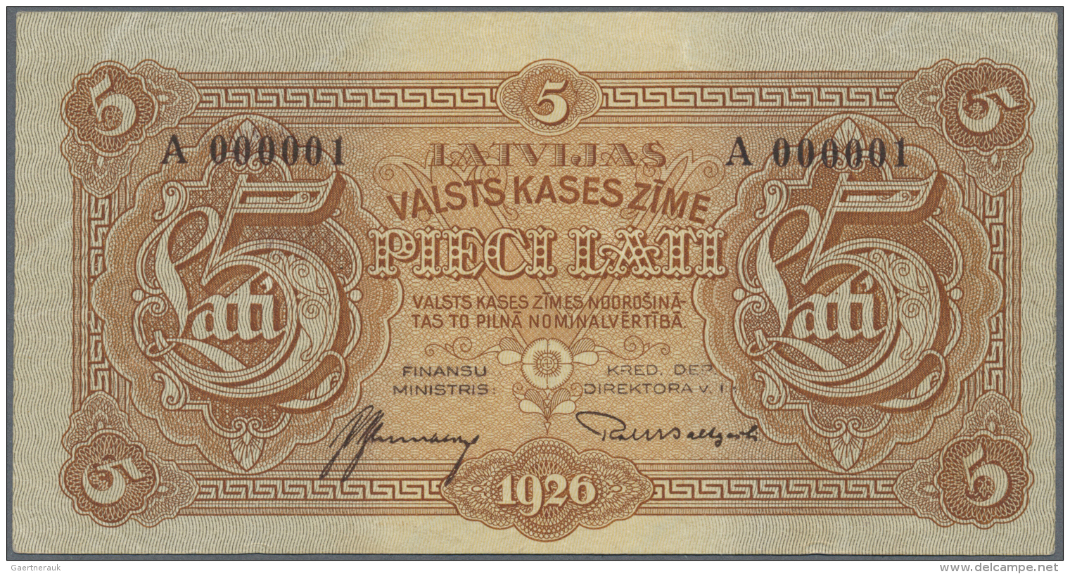 Latvia /Lettland: Unique And Highly Rare 5 Lati 1926 P. 23a, Issued Note, With Serial A000001, First Ever Issued Note Of - Lettonie