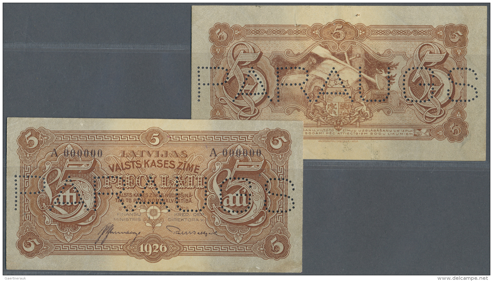Latvia /Lettland: Very Rare 5 Lati 1926 Front &amp; Back SPECIMEN P. 23as, Uniface Print, Front And Back Seperatly Print - Lettonia