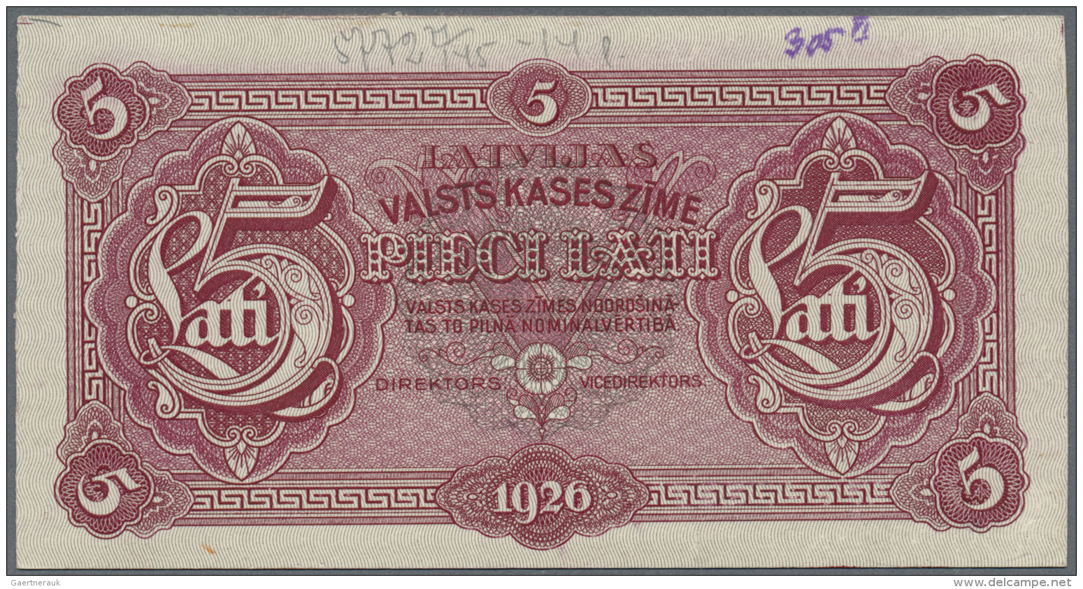Latvia /Lettland: Very Rare 5 Lati 1926 Front Proof Uniface Print P. 23p, Without Serial #, W/o Sign, Printers Annotatio - Lettonie