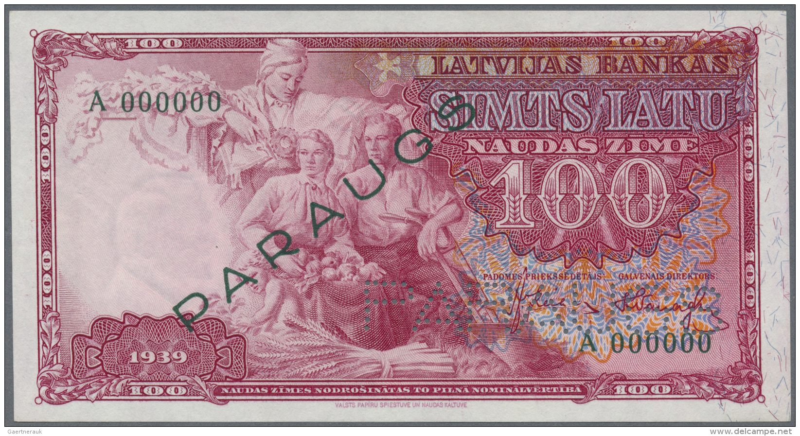 Latvia /Lettland: Rare 100 Latu 1939 SPECIMEN P. 22s, With Zero Serial Numbers, PARAUGS Overprint And Perforation, Sign. - Lettonia