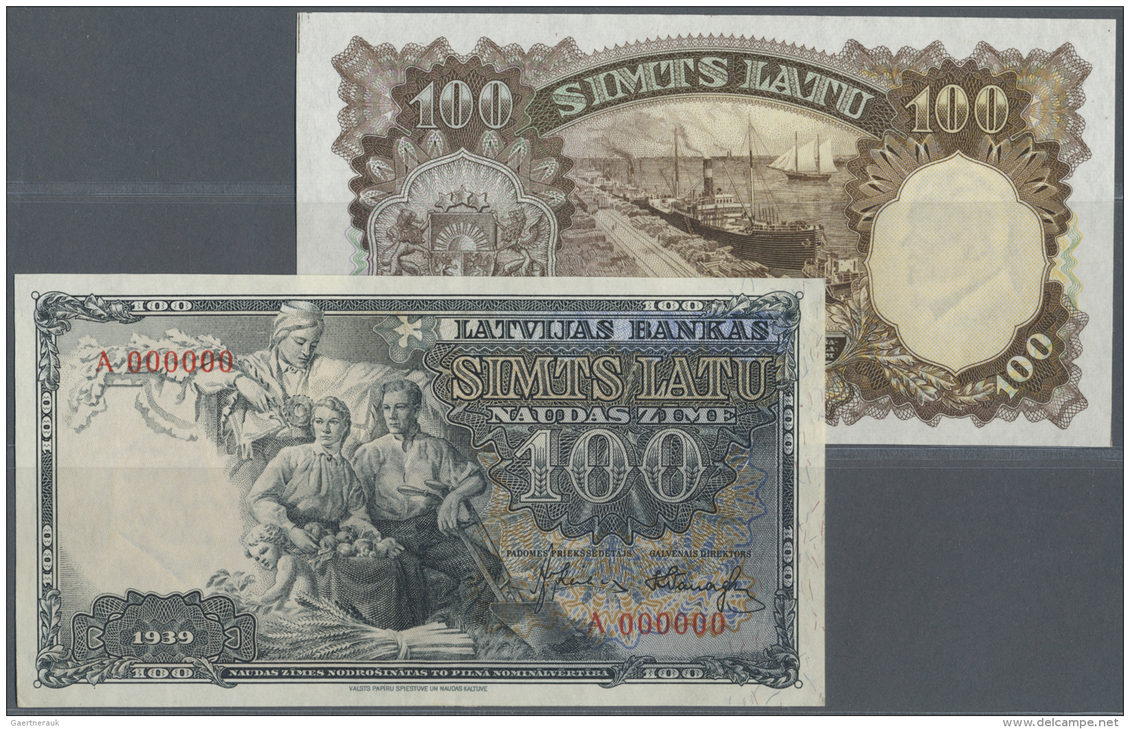 Latvia /Lettland: Unique Set Of Seperatly Printed Front And Back PROOFS Of 100 Latu 1938 As Color Trial In Grey/blue Col - Lettonia