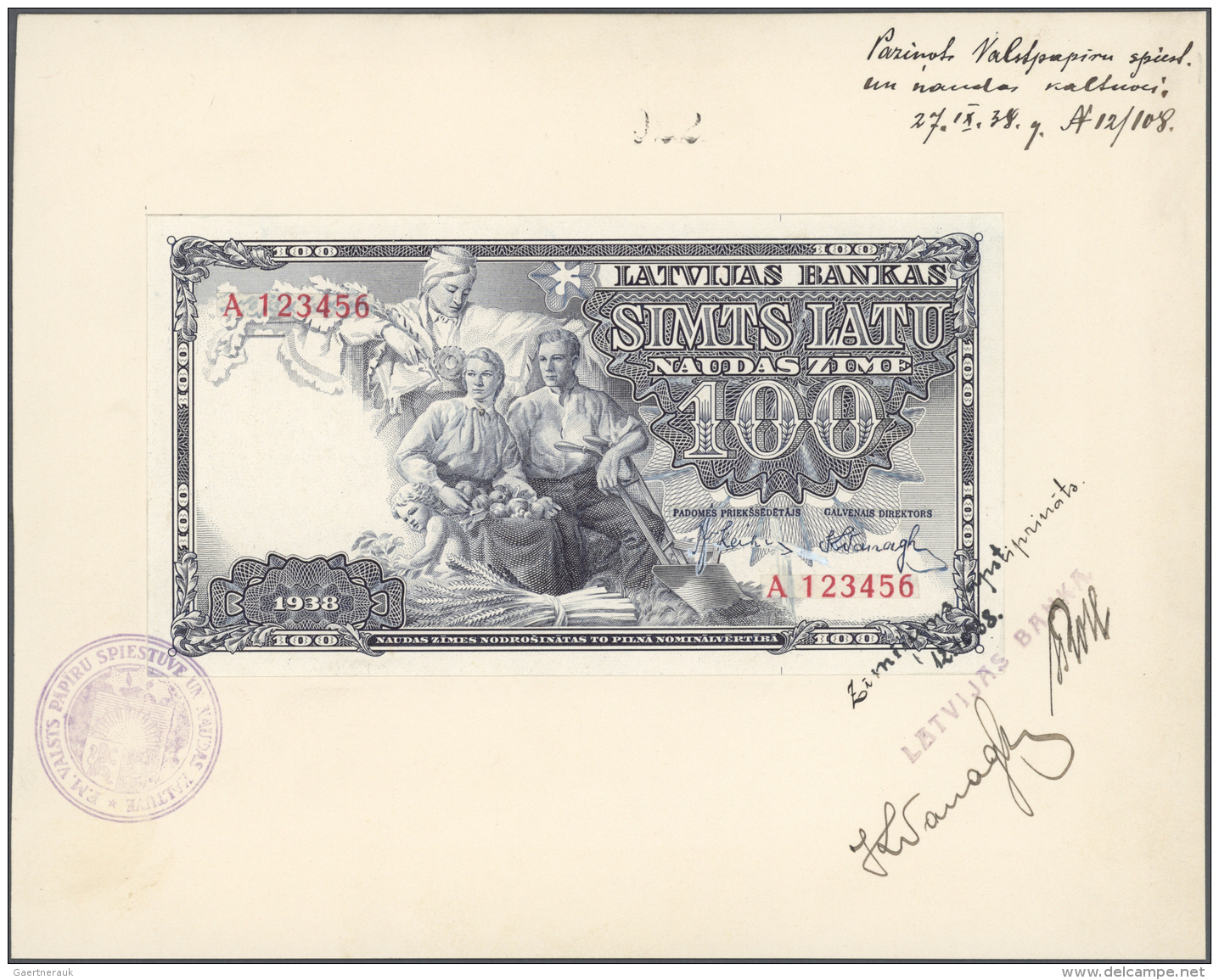 Latvia /Lettland: Unique Proof Prints Of 100 Latu 1938 P. 22p. The Issued Note Is Dated 1939. Front And Back Printed Sep - Lettonie