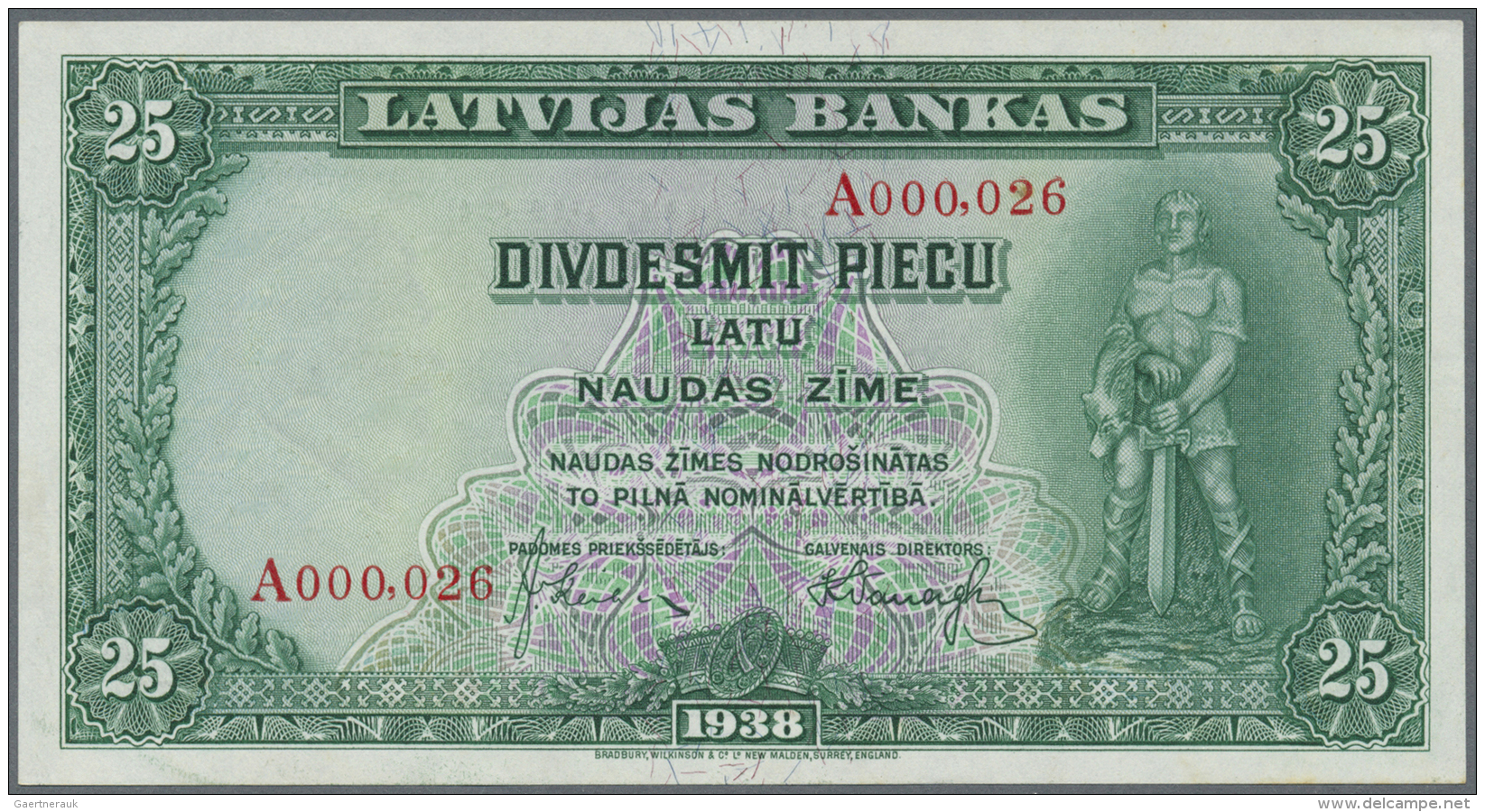 Latvia /Lettland: 25 Latu 1938 P. 21, Issued Note, Series A, Low Serial #A000.026, Only One Very Light Corner Dint, Othe - Lettonie