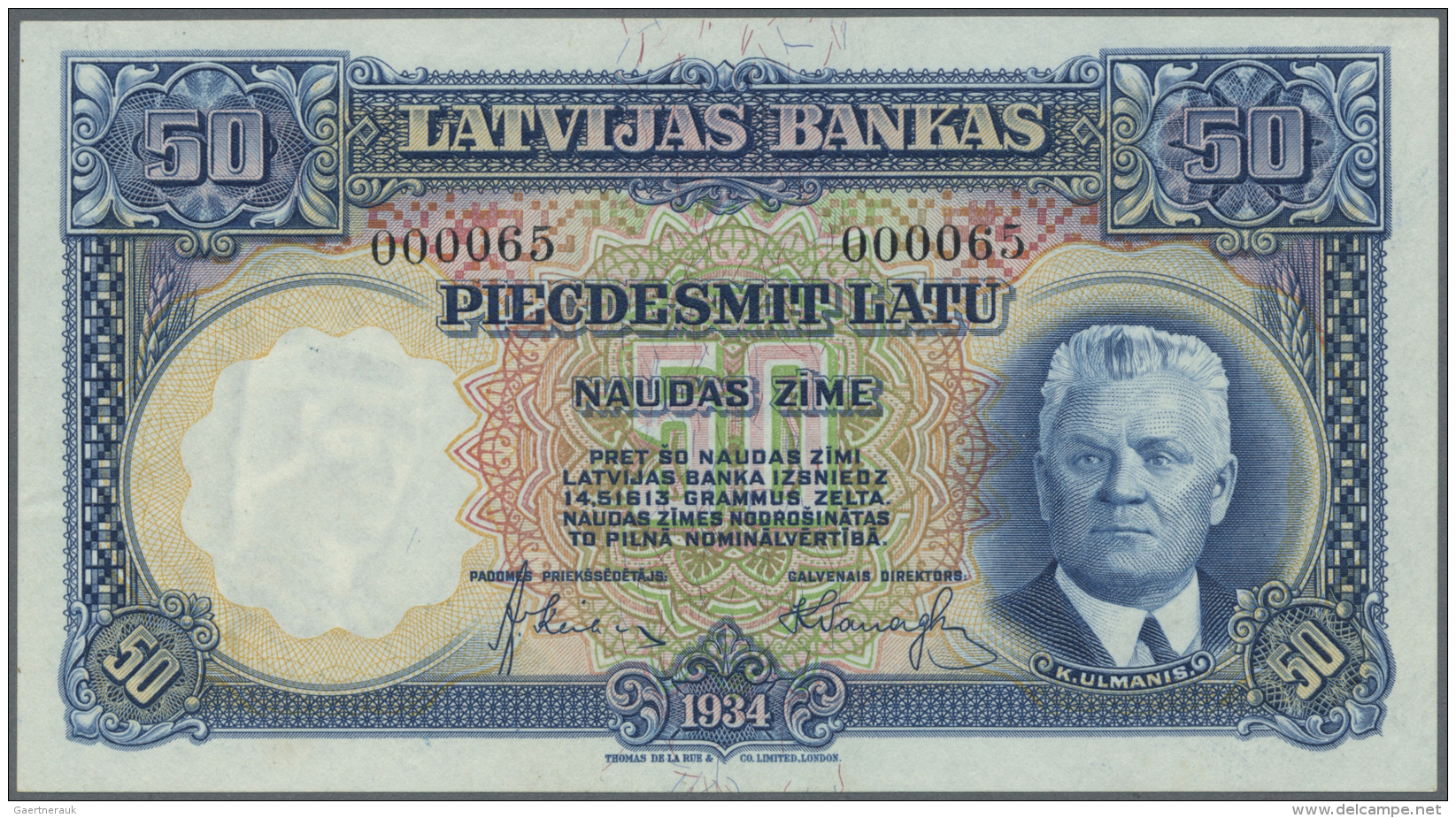 Latvia /Lettland: 50 Latu 1934 P. 20, Issued Note, Sign. Klive, Rare With Low Serial #000065, In Crisp Original Conditio - Lettonie