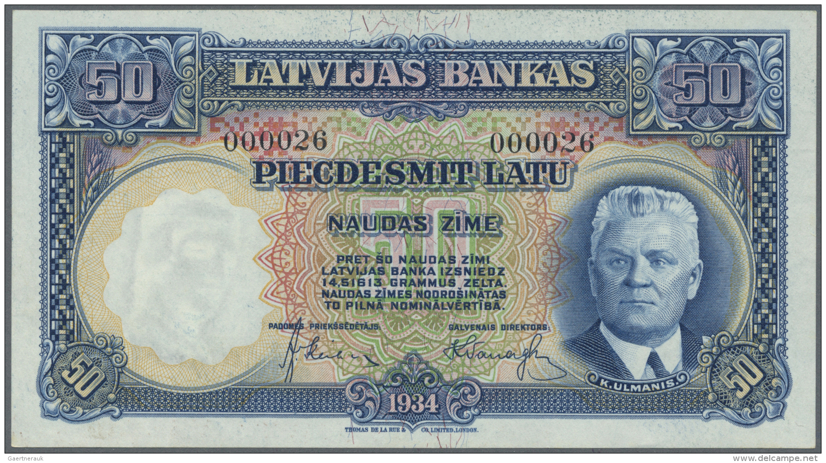 Latvia /Lettland: 50 Latu 1934 P. 20, Issued Note, Sign. Klive, Rare With Low Serial #000026, In Crisp Original Conditio - Lettonia