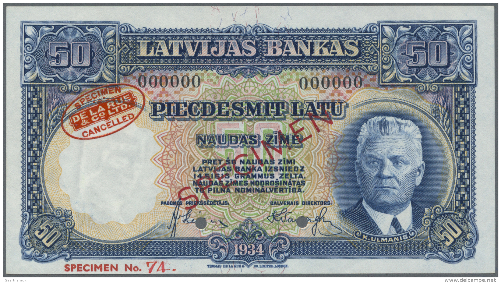 Latvia /Lettland: 50 Latu 1934 SPECIMEN P. 20s, Zero Serial Numbers, Sign. Klive, Oval Specimen Overprint Of De La Rue W - Lettonia