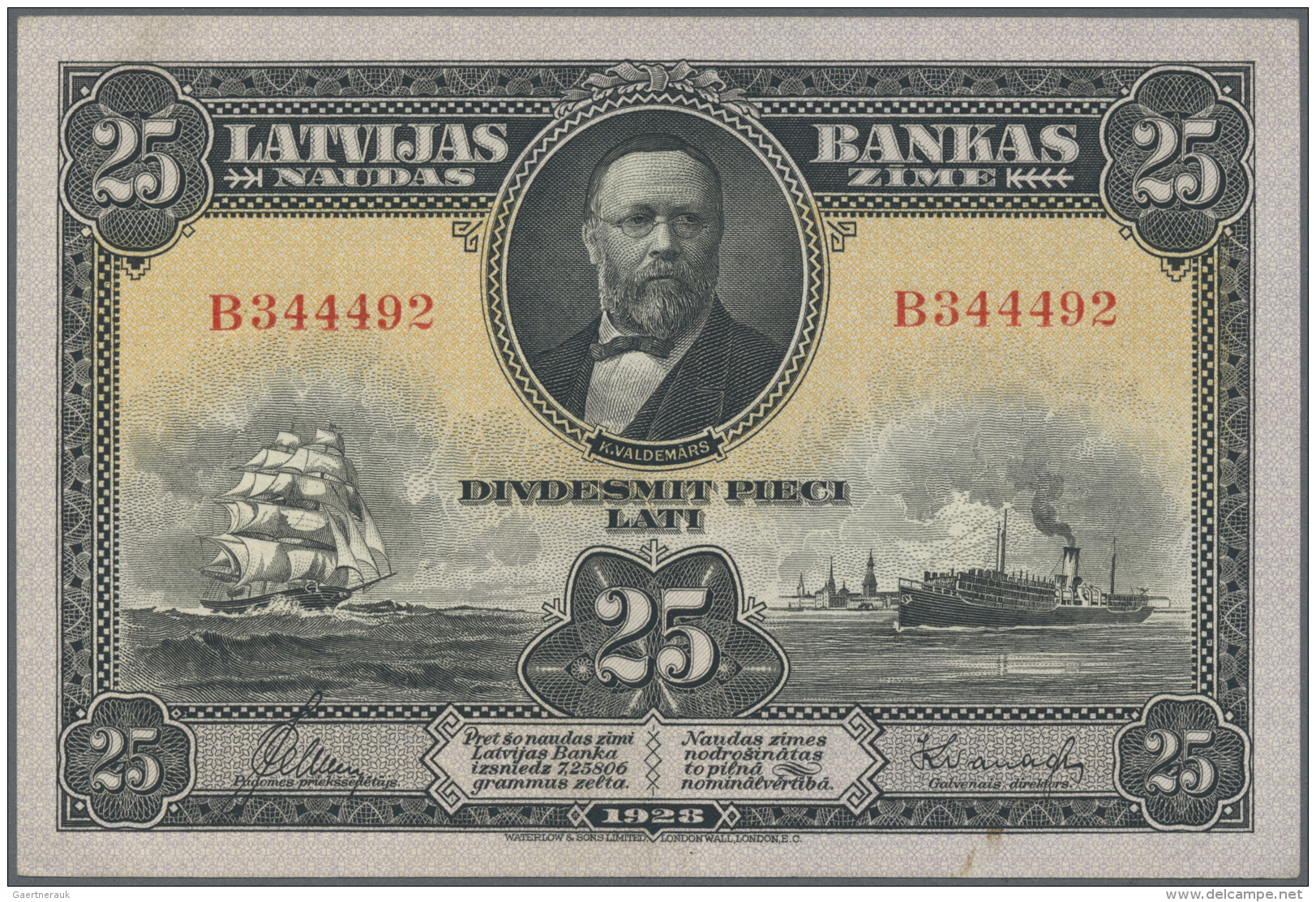 Latvia /Lettland: 25 Latu 1928 P. 18, Series B, Sign. Kalnings, In Crisp Original Condition: UNC. - Lettonie