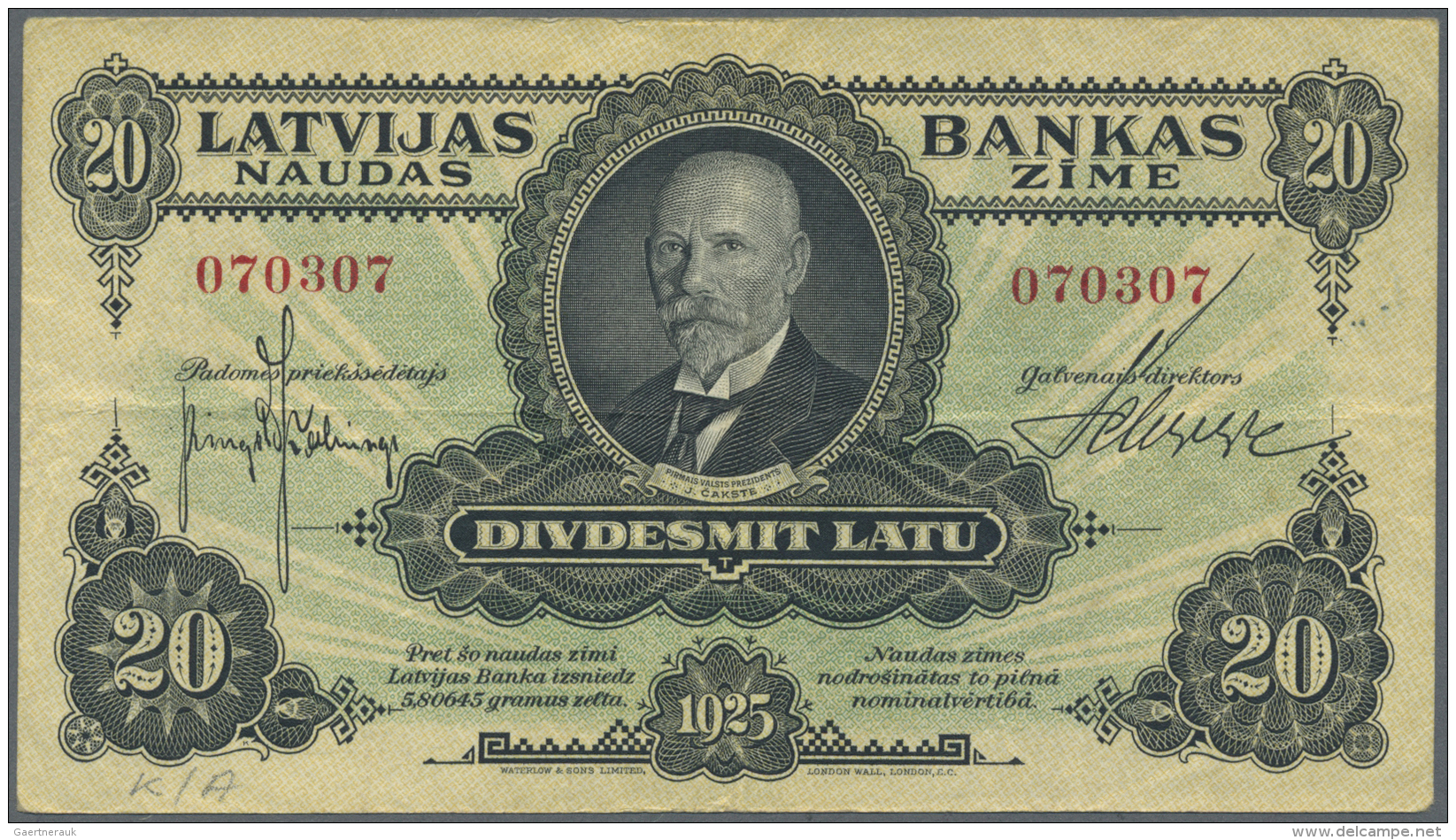 Latvia /Lettland: 20 Latu 1925 P. 17, Sign. Kalnings, Radar Serial Number #70307, Used With Vertical And Horizontal Fold - Lettonie