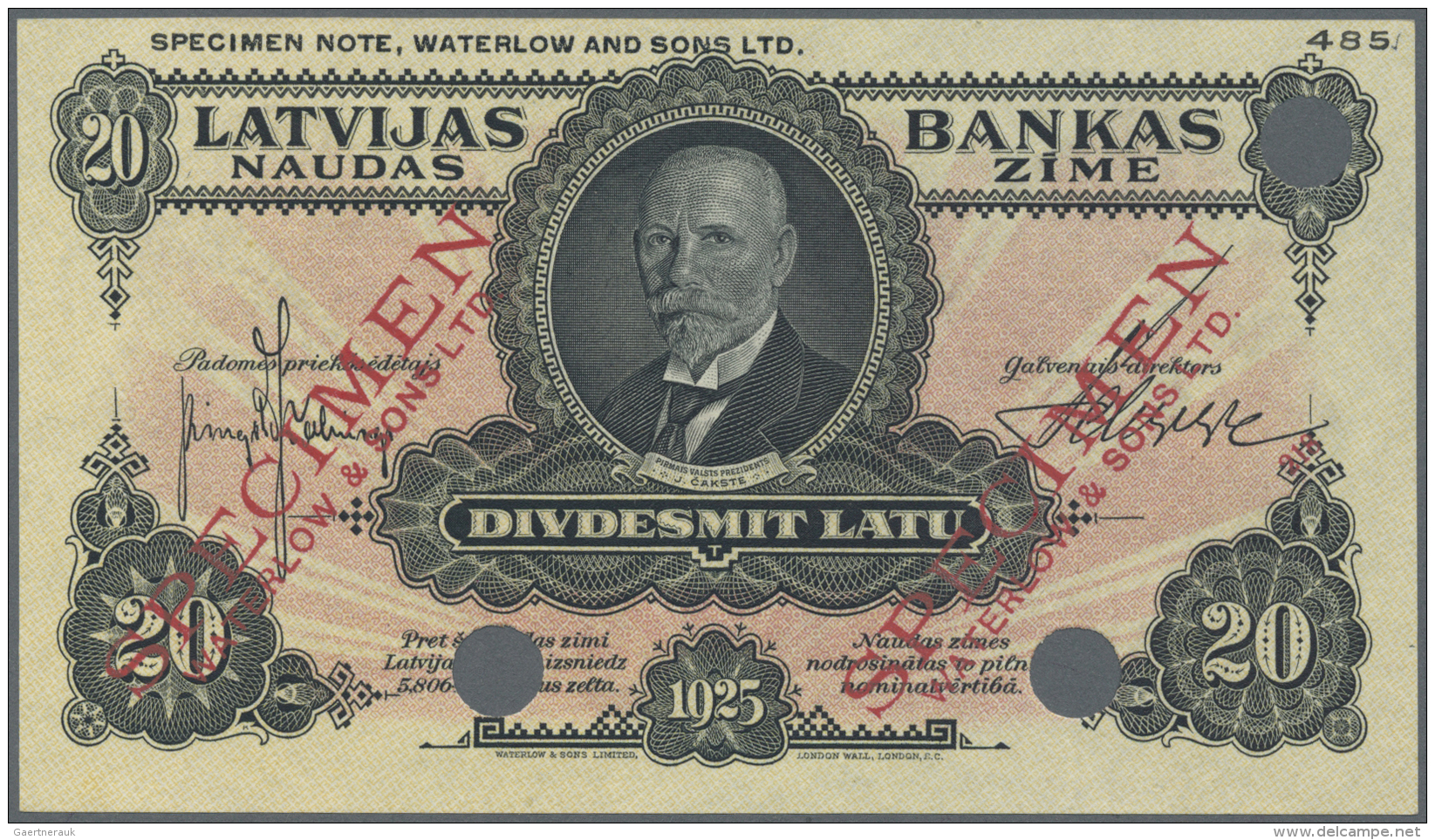 Latvia /Lettland: 50 Latu 1925 SPECIMEN P. 17s, W/o Serial Number, Red Specimen Overprint "Waterlow &amp; Sons" On Front - Lettonie