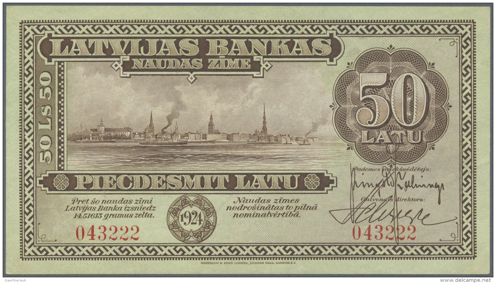 Latvia /Lettland: Rare Note 50 Latu 1924 P. 16, Issued Note With Sign. Kalnings, One Very Light Vertical Bend At Right B - Lettonie
