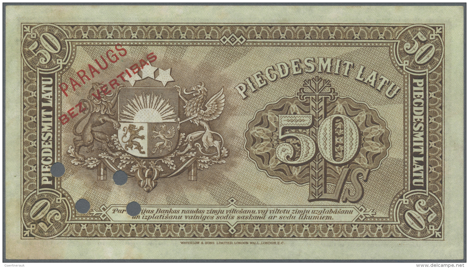 Latvia /Lettland: Highly Rare 50 Latu 1924 SPECIMEN P. 16s, W/o Serial #, Overprinted PARAUGS, 4 Cancellation Holes, Lig - Lettonia