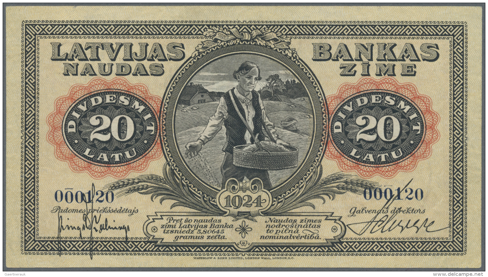 Latvia /Lettland: Very Rare 20 Latu 1924 P. 15, Sign. Kalnings, Low Serial #000120, 1.000.000 Notes Were Delivered To Ba - Lettonie