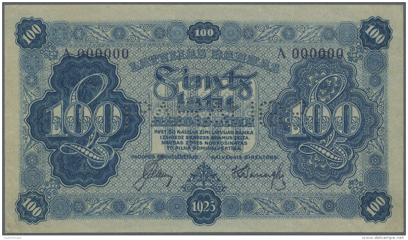 Latvia /Lettland: Rare 100 Latu 1923 SPECIMEN P. 14bs, Series A000000, Sign. Celms, Perforated "PARAUGS", One Vertical F - Lettonia