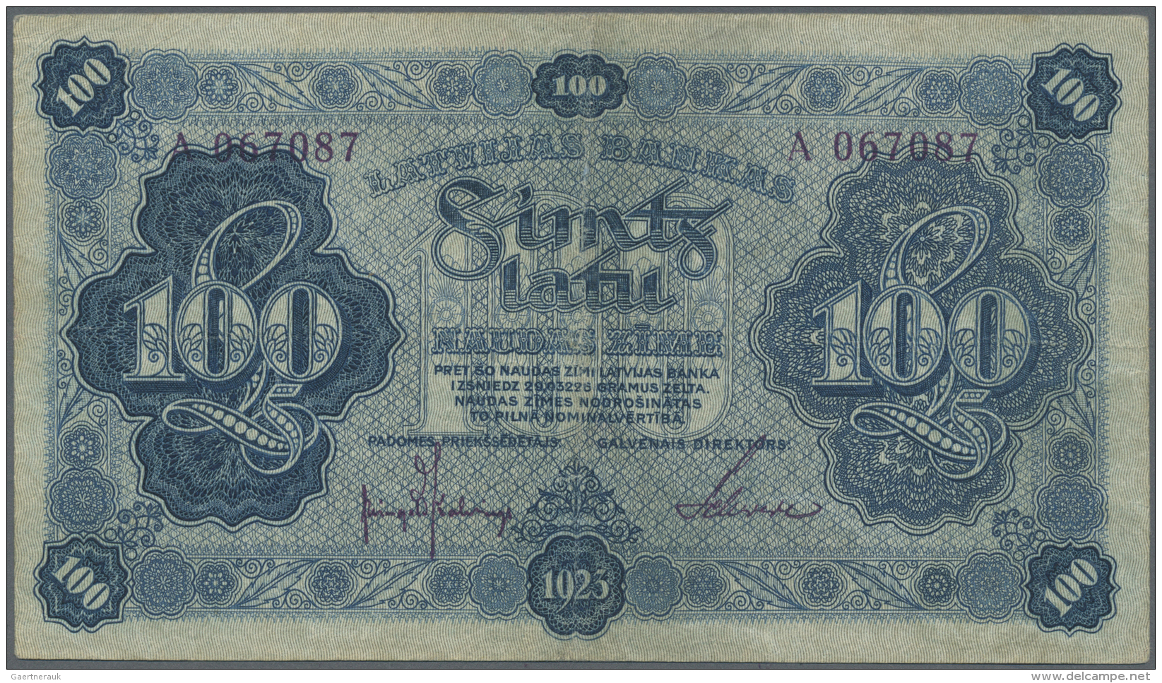 Latvia /Lettland: 100 Latu 1923 P. 14a, Series A, Sign. Kalnings, Vertically Folded, Handling In Paper, No Holes Or Tear - Lettonia