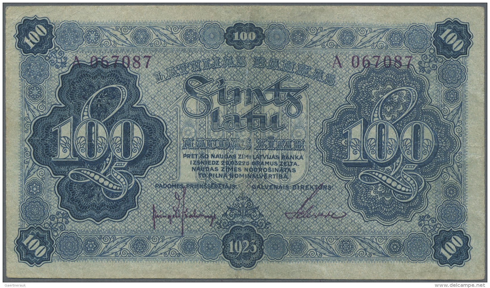 Latvia /Lettland: 100 Latu 1923 P. 14a, Series A, Sign. Kalnings, Vertically Folded, Handling In Paper, No Holes Or Tear - Lettonie