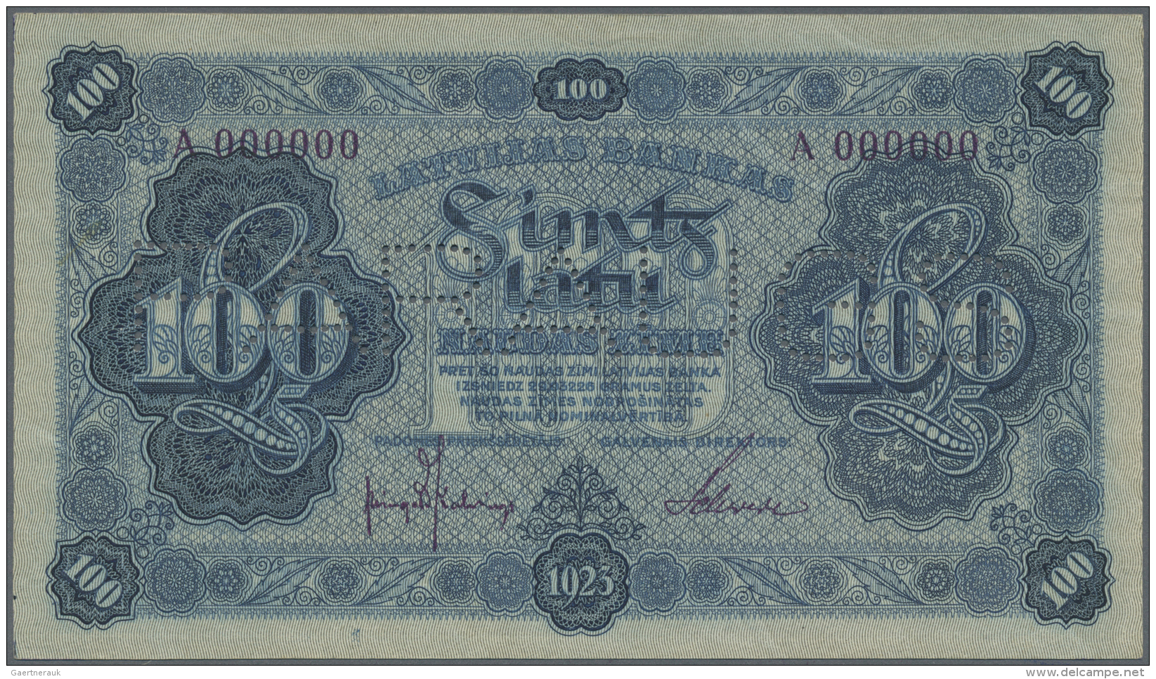 Latvia /Lettland: Rare 100 Latu 1923 FRONT SPECIMEN P. 14as, Uniface Printed On Watermarked Paper, Series A000000, Sign. - Lettonie