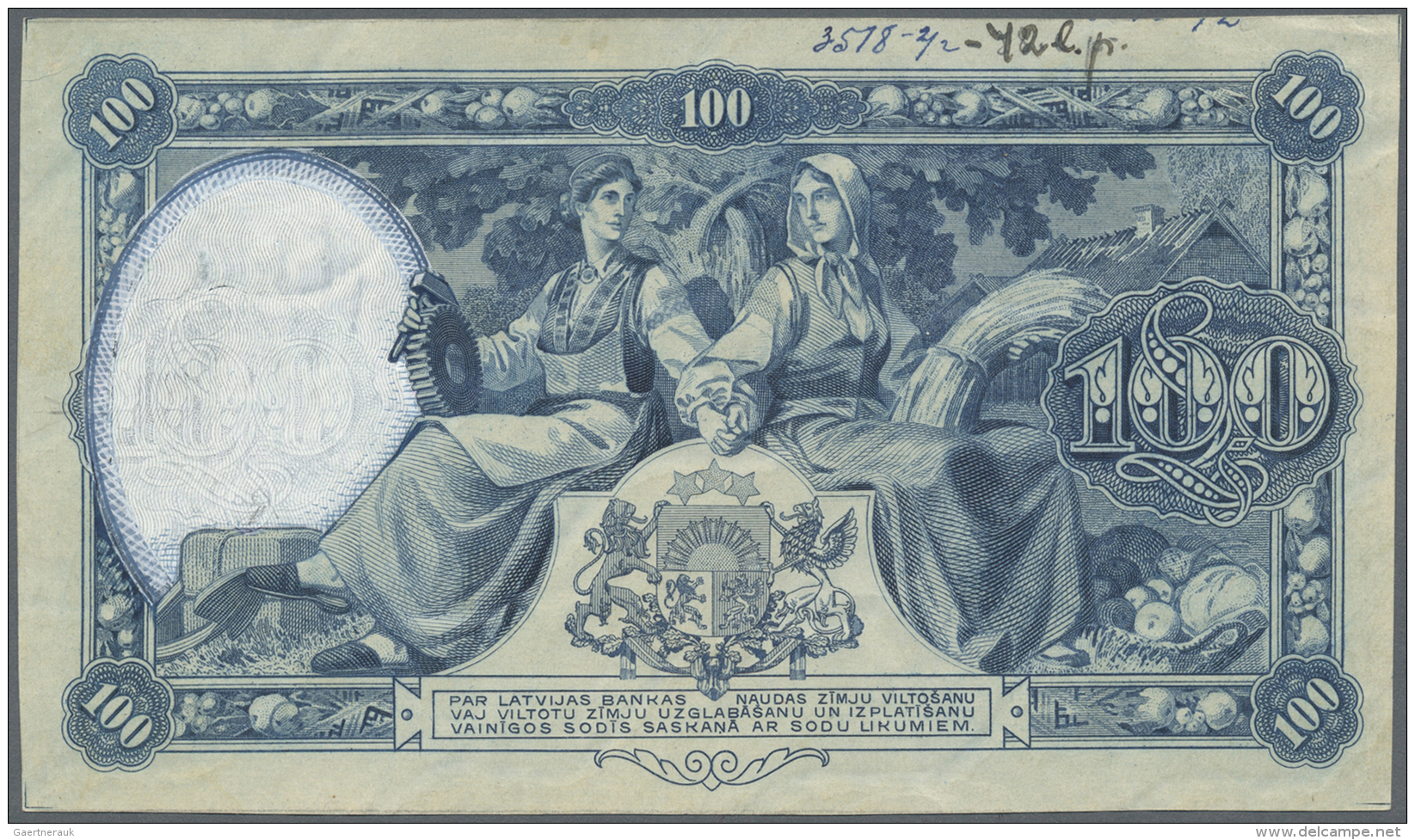 Latvia /Lettland: Unique Uniface PROOF Print Of 100 Latu 1923 P. 14p, Printed In Blue Intaglio On Watermarked Paper, Uni - Lettonia