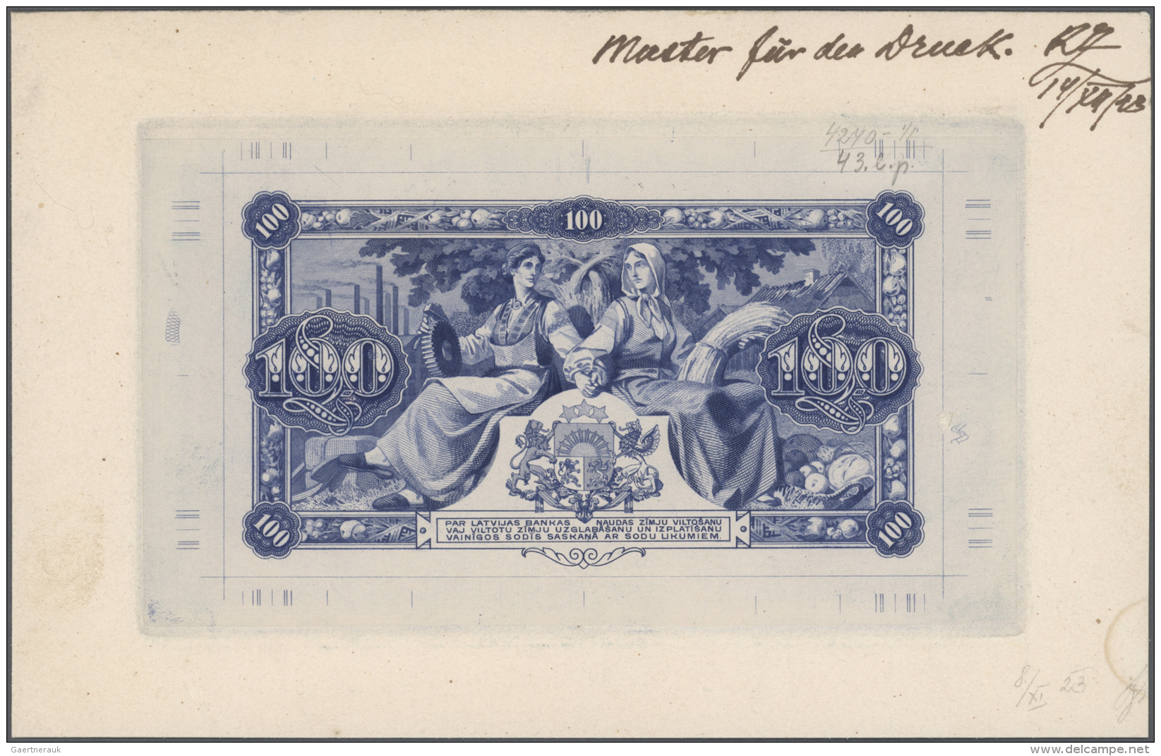 Latvia /Lettland: Rare Uniface Back Side Proof Print Of On Card Of 100 Latu 1922 P. 14p In Blue Color, Printers Annotati - Lettonie