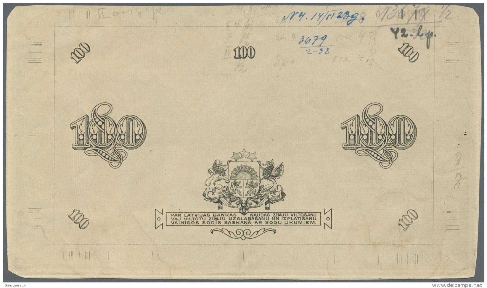Latvia /Lettland: Rare Partial PROOF Print Of The Back Side Of 100 Latu 1922 P. 14p, Printed In Black With Security Prin - Lettonie