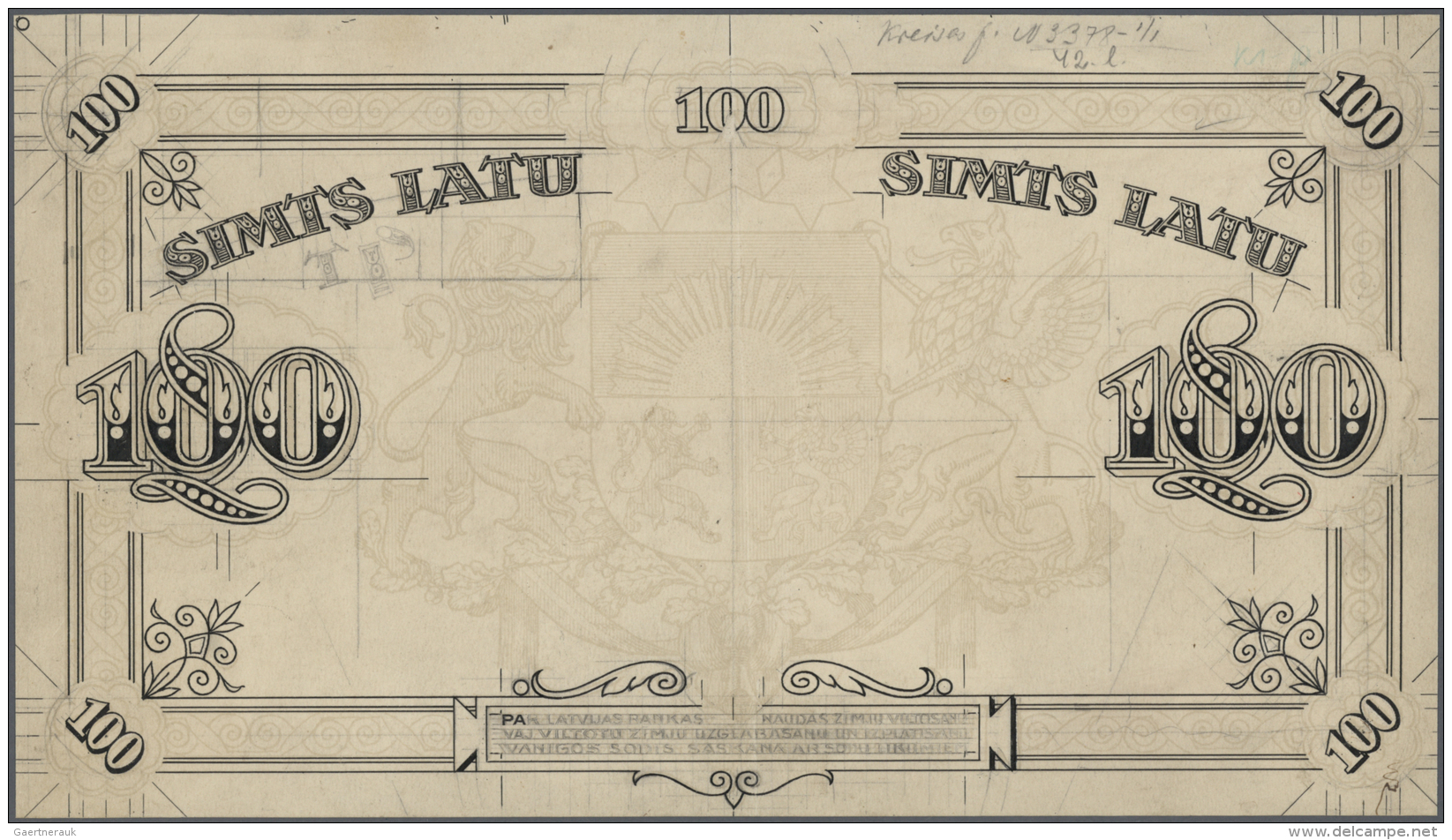 Latvia /Lettland: Rare Uniface Essay Print Of The Back Of 100 Latu 1922 P. 14p In Large Size (312x176 Mm) Showing Parts - Lettonie