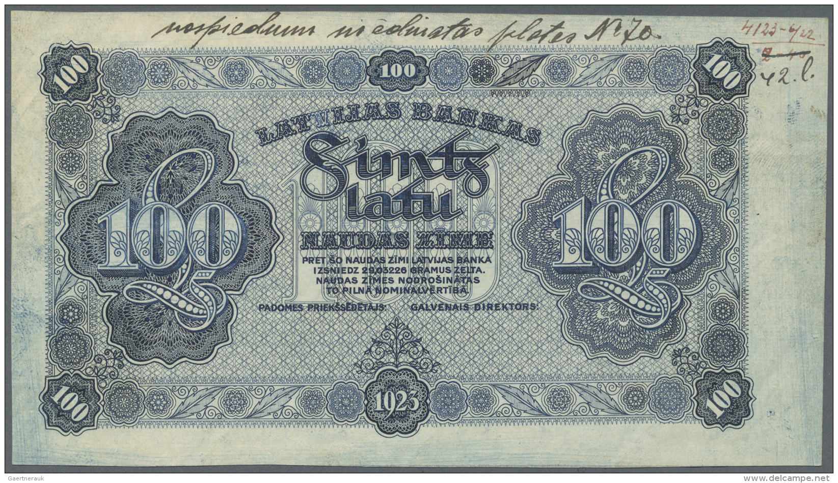 Latvia /Lettland: Rare PROOF Print Of 100 Latu 1923 P. 14p, Uniface Front Proof Print On Watermarked Paper, Light Blue C - Lettonie