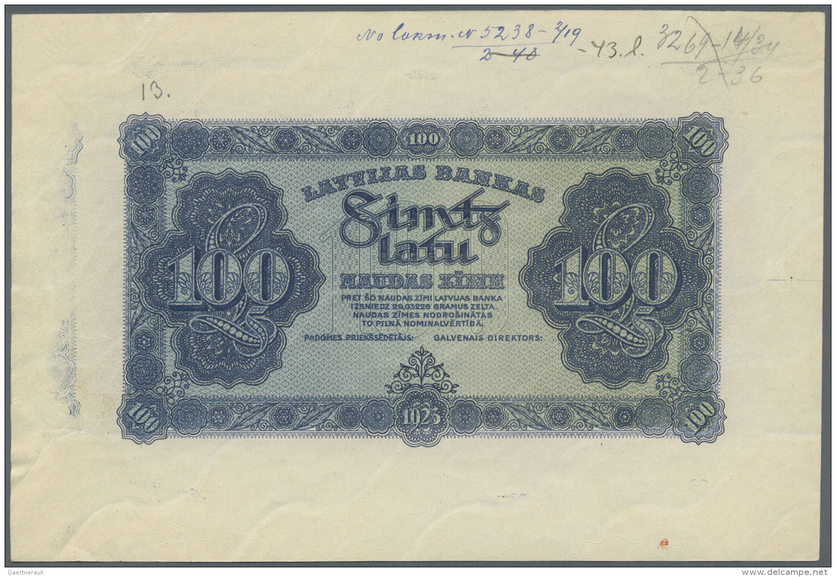 Latvia /Lettland: Rare PROOF Print Of 100 Latu 1923 P. 14p, Uniface Front Proof Print On Watermarked Paper, Dark Blue Co - Lettonie