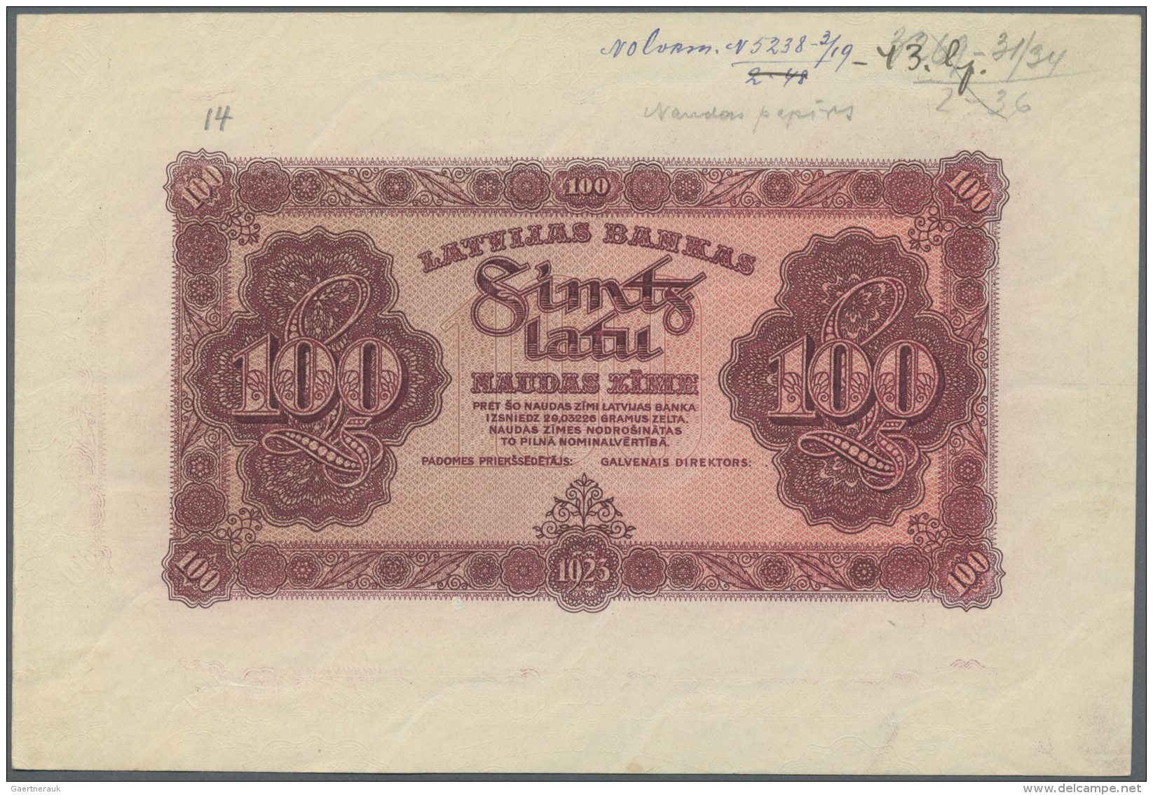 Latvia /Lettland: Rare PROOF Print Of 100 Latu 1923 P. 14p, Uniface Front Proof Print On Watermarked Paper, Dark Red Col - Lettonie