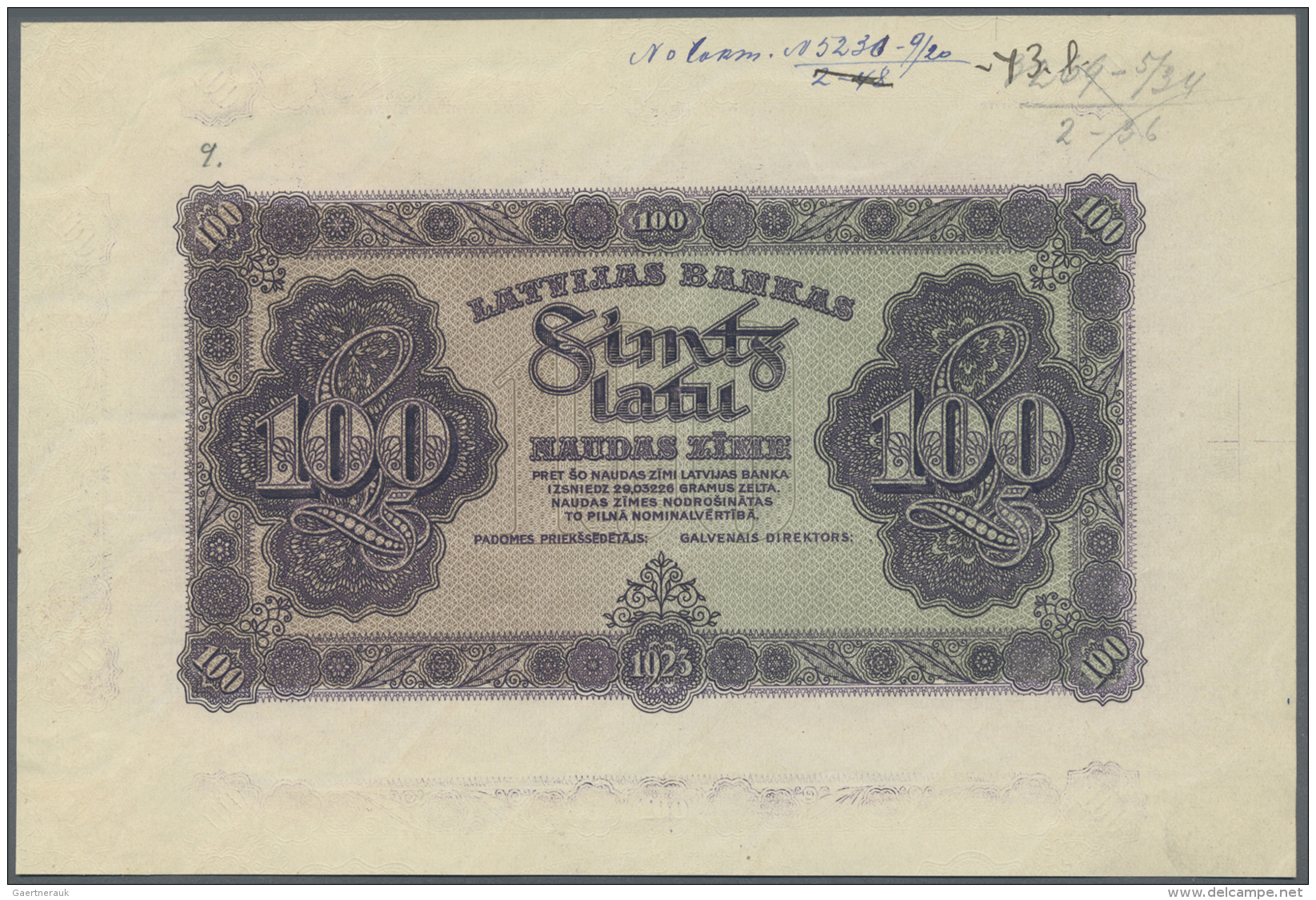 Latvia /Lettland: Rare PROOF Print Of 100 Latu 1923 P. 14p, Uniface Front Proof Print On Watermarked Paper, Dark Violet - Lettonia