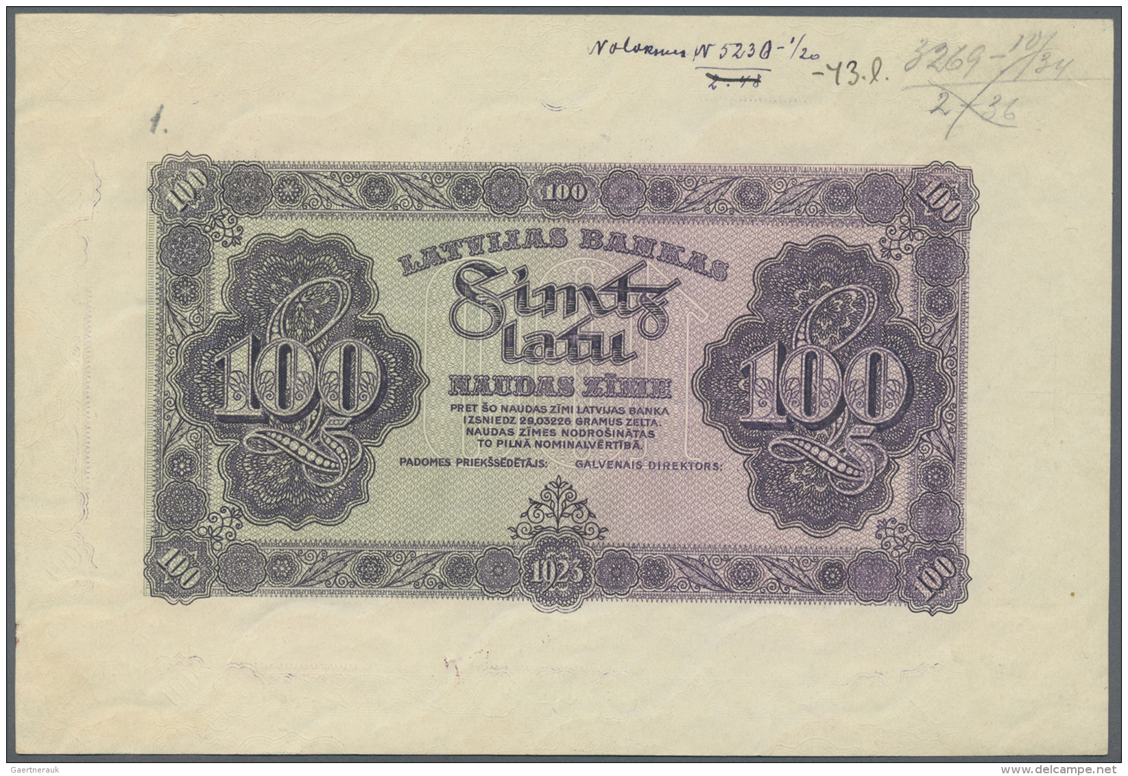 Latvia /Lettland: Rare PROOF Print Of 100 Latu 1923 P. 14p, Uniface Front Proof Print On Watermarked Paper, Dark Violet - Lettonie