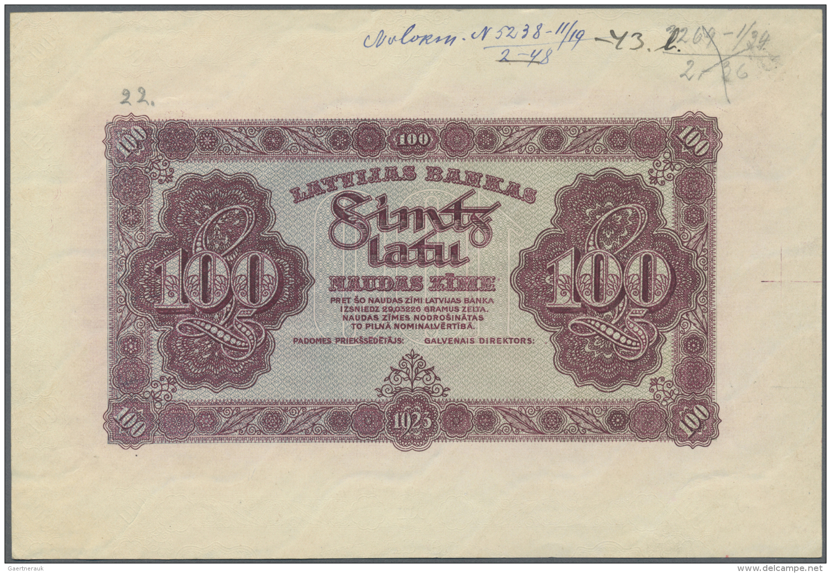 Latvia /Lettland: Rare PROOF Print Of 100 Latu 1923 P. 14p, Uniface Front Proof Print On Watermarked Paper, Violet Color - Lettonie